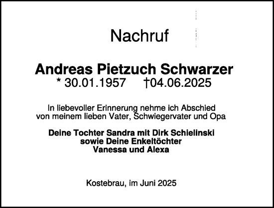 Traueranzeige von Andreas Pietzuch Schwarzer von WochenKurier