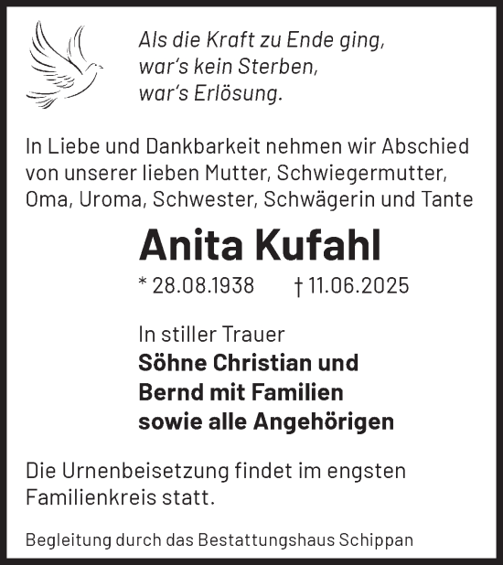 Traueranzeige von Anita Kufahl von WochenKurier