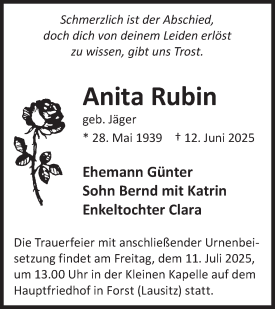 Traueranzeige von Anita Rubin von WochenKurier