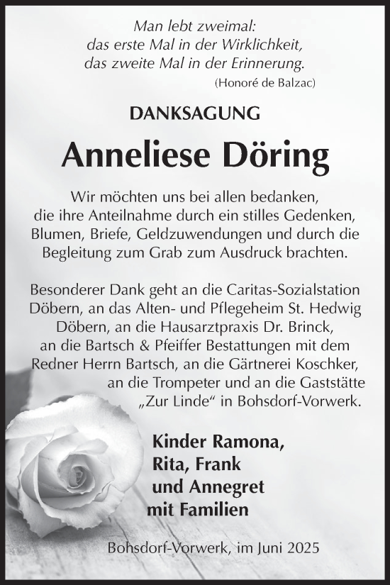 Traueranzeige von Anneliese Döring von WochenKurier