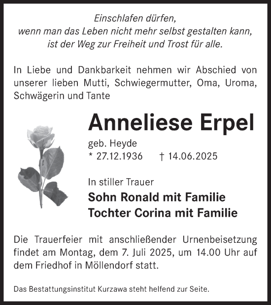 Traueranzeige von Anneliese Erpel von WochenKurier