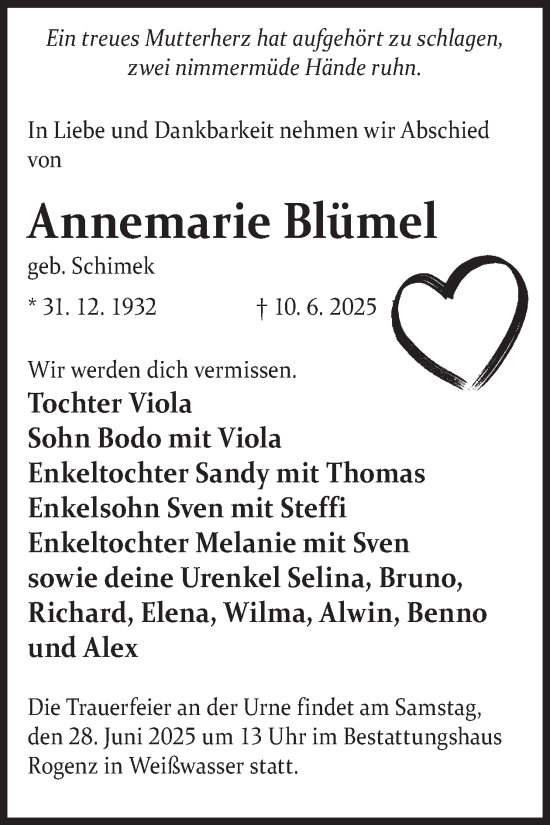 Traueranzeige von Annemarie Blümel von WochenKurier