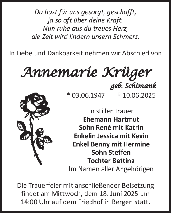 Traueranzeige von Annemarie Krüger von WochenKurier