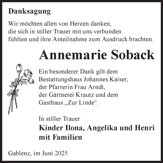Traueranzeige von Annemarie Soback von WochenKurier
