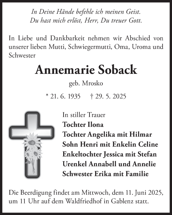 Traueranzeige von Annemarie Soback von WochenKurier