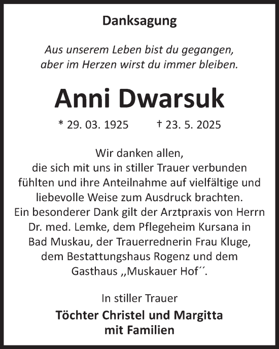 Traueranzeige von Anni Dwarsuk von WochenKurier