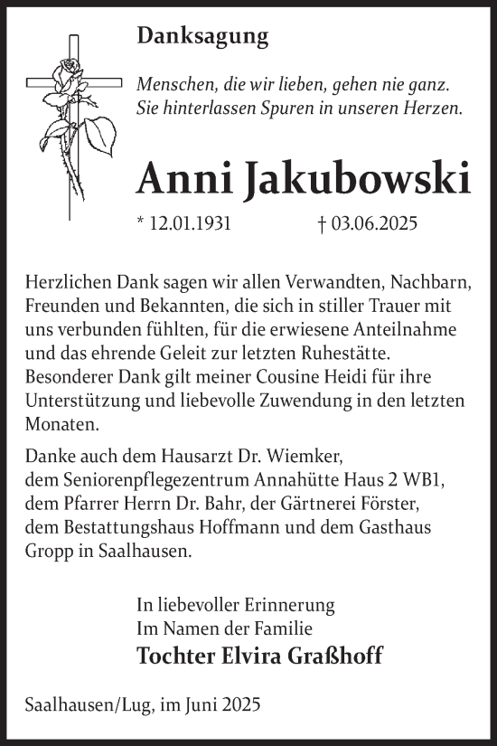 Traueranzeige von Anni Jakubowski von WochenKurier