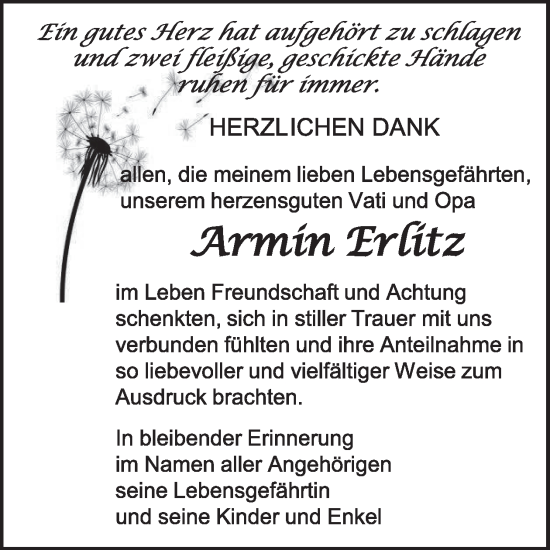 Traueranzeige von Armin Erlitz von WochenKurier