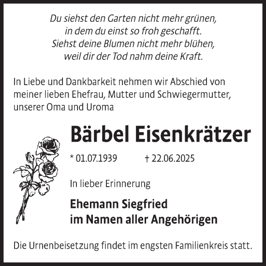Traueranzeige von Bärbel Eisenkrätzer von WochenKurier