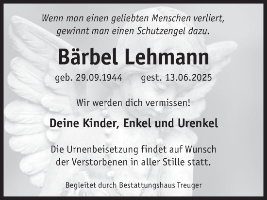 Traueranzeige von Bärbel Lehmann von WochenKurier