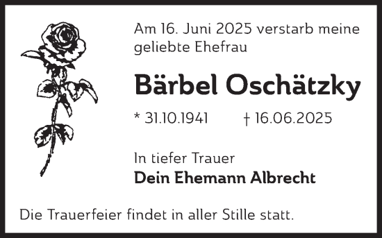Traueranzeige von Bärbel Oschätzky von WochenKurier