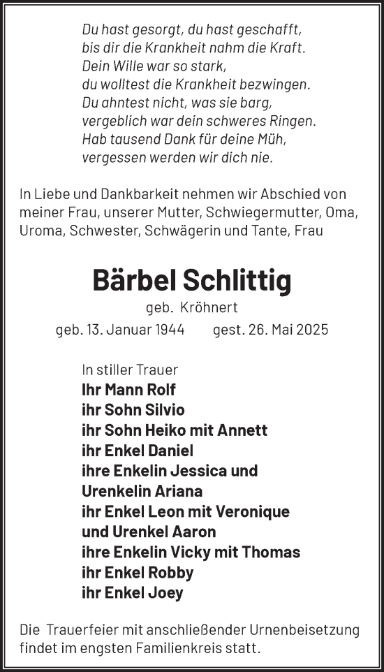 Traueranzeige von Bärbel Schlittig von WochenKurier