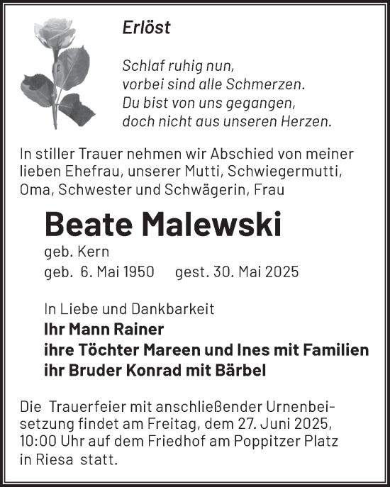 Traueranzeige von Beate Malewski von WochenKurier