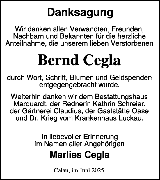 Traueranzeige von Bernd Cegla von WochenKurier