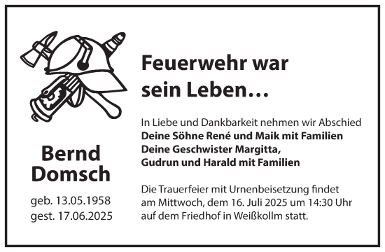 Traueranzeige von Bernd Domsch von WochenKurier