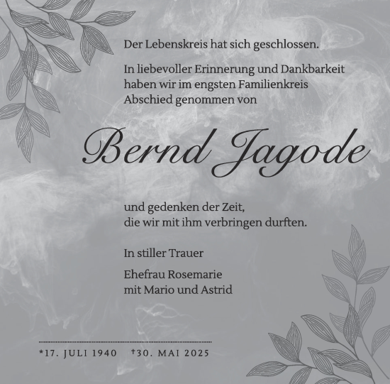 Traueranzeige von Bernd Tagode von WochenKurier
