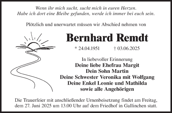 Traueranzeige von Bernhard Remdt von WochenKurier