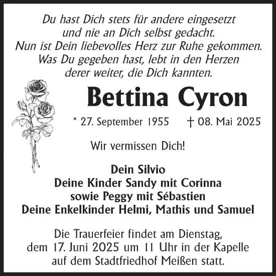 Traueranzeige von Bettina Cyron von WochenKurier