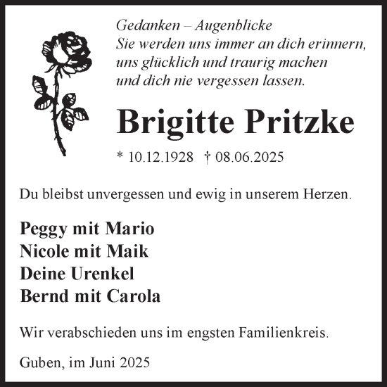 Traueranzeige von Brigitte Pritzke von WochenKurier