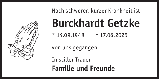 Traueranzeige von Burckhardt Getzke von WochenKurier