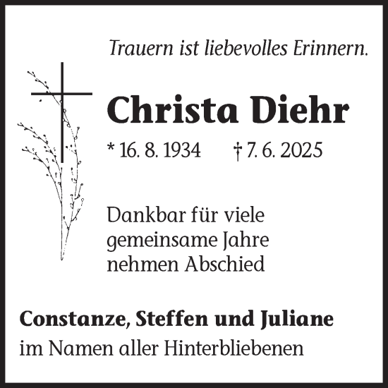 Traueranzeige von Christa Diehr von WochenKurier