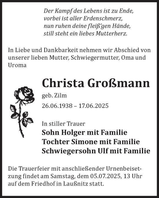 Traueranzeige von Christa Großmann von WochenKurier