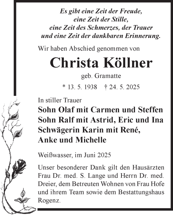 Traueranzeige von Christa Köllner von WochenKurier