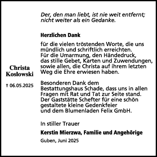 Traueranzeige von Christa Koslowski von WochenKurier
