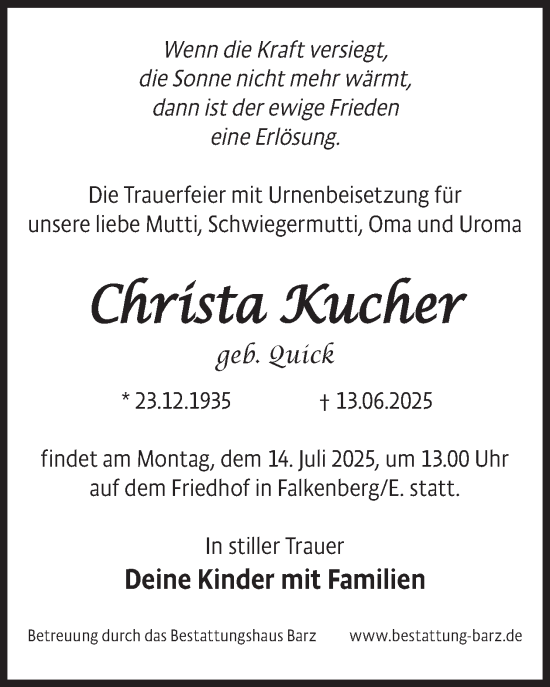 Traueranzeige von Christa Kucher von WochenKurier