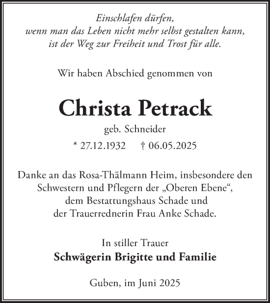 Traueranzeige von Christa Petrack von WochenKurier