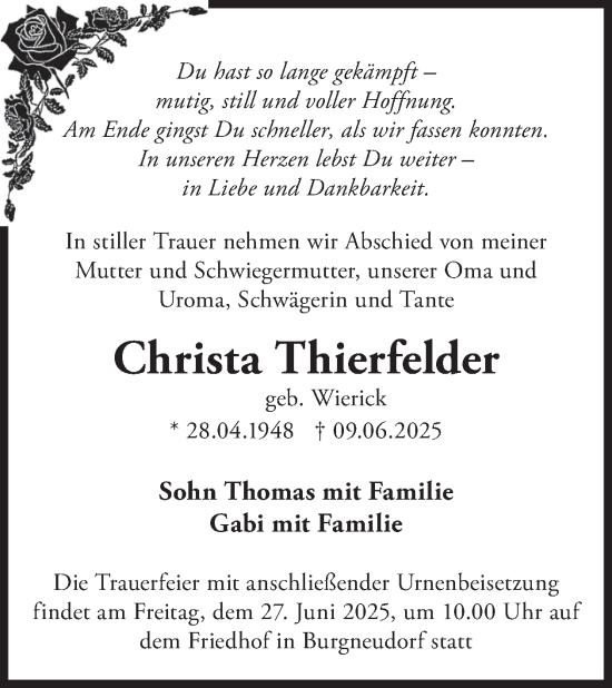 Traueranzeige von Christa Thierfelder von WochenKurier