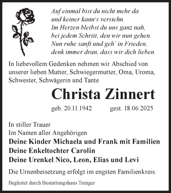 Traueranzeige von Christa Zinnert von WochenKurier
