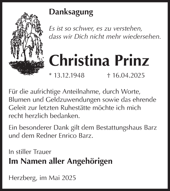 Traueranzeige von Christina Prinz von WochenKurier