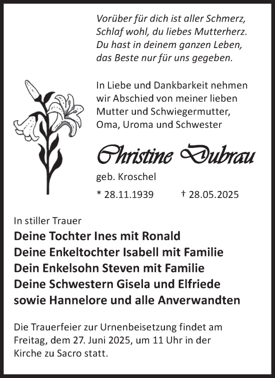 Traueranzeige von Christine Dubrau von WochenKurier