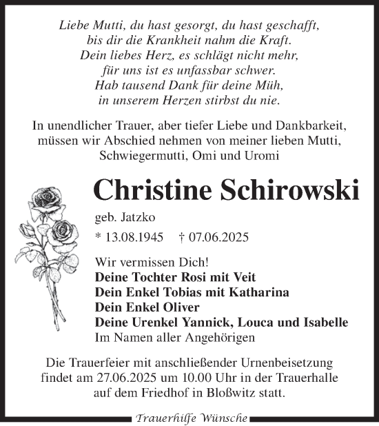 Traueranzeige von Christine Schirowski von WochenKurier