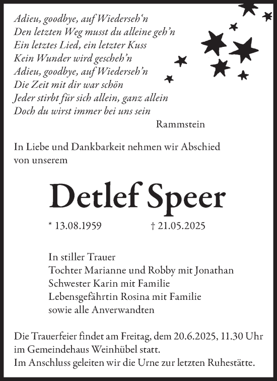 Traueranzeige von Detlef Speer von WochenKurier