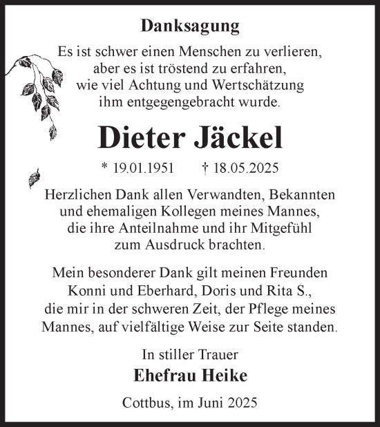 Traueranzeige von Dieter Jäckel von WochenKurier