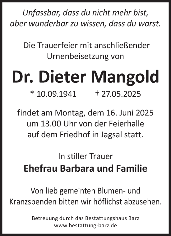 Traueranzeige von Dieter Mangold von WochenKurier