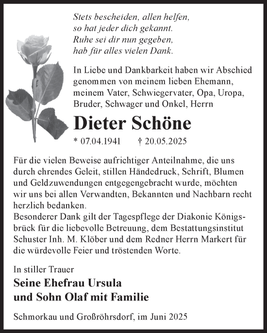 Traueranzeige von Dieter Schöne von WochenKurier