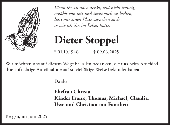 Traueranzeige von Dieter Stoppel von WochenKurier