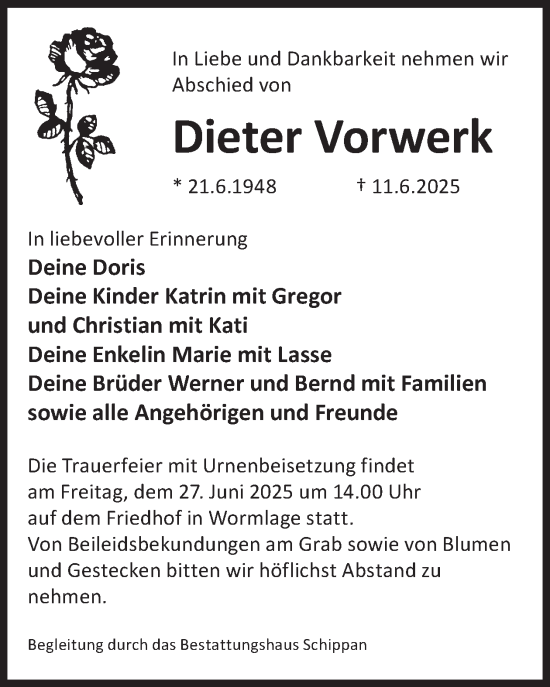 Traueranzeige von Dieter Vorwerk von WochenKurier
