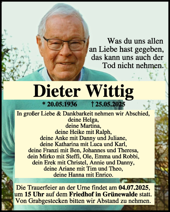 Traueranzeige von Dieter Wittig von WochenKurier