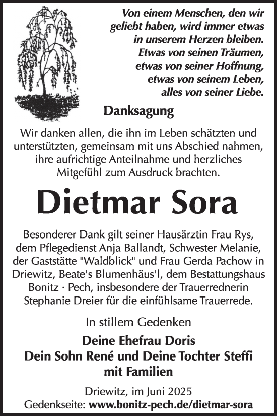 Traueranzeige von Dietmar Sora von WochenKurier