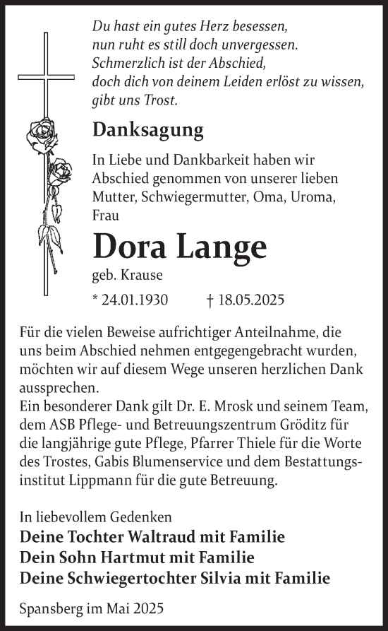 Traueranzeige von Dora Lange von WochenKurier