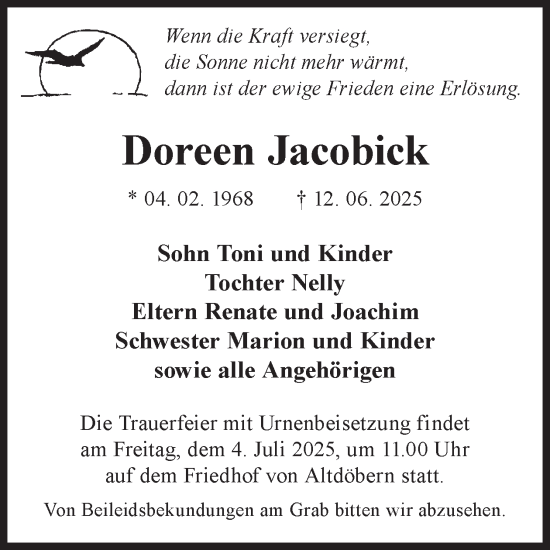 Traueranzeige von Doreen Jacobick von WochenKurier