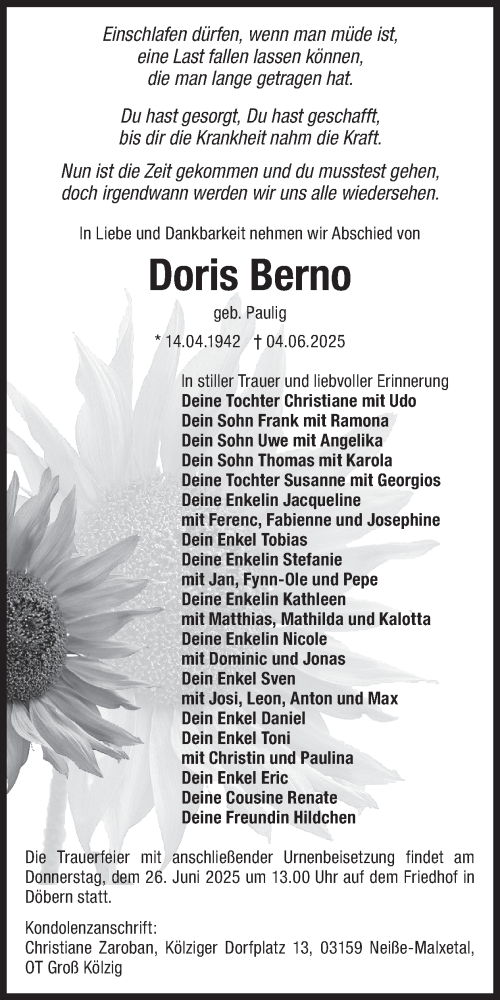 Traueranzeige von Doris Berno von WochenKurier
