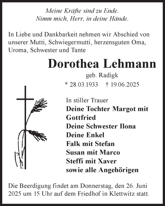 Traueranzeige von Dorothea Lehmann von WochenKurier