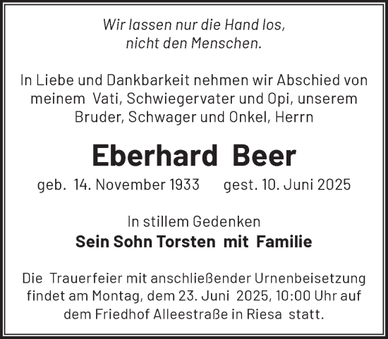 Traueranzeige von Eberhard Beer von WochenKurier