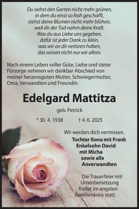 Traueranzeige von Edelgard Mattitza von WochenKurier