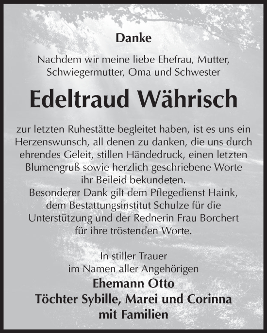 Traueranzeige von Edeltraud Währisch von WochenKurier